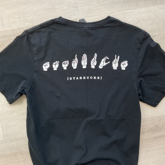 Starbucks Womens American Sign Language ASL Short Sleeve Logo Tee Small Black - Picture 1 of 11